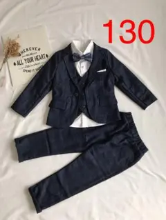 130cm キッズフォーマルスーツ　入学式卒業式　5点セット　ネイビー【105】