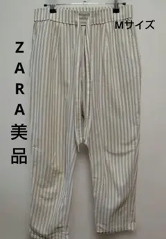 【美品】ZARA ストライプ リネン風 ワイドイージーパンツ Mサイズ