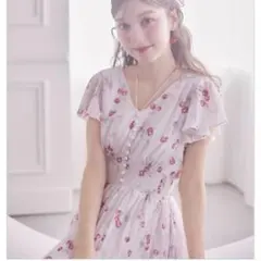 パール付きチェリー×リボンプリントネックリボンプリーツワンピースのサムネイル