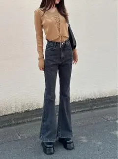 【新品】ハイウエストフレアデニムパンツ[fo2243] カラー:ブラック