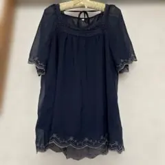 レディースチュニック　ネイビー シフォンブラウス Lサイズ