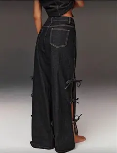 Athîral レディース ワイドレッグ ストレートベルト付きジーンズ デニム