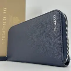 極美品✨バーバリー　長財布　ラウンドジップ　ロゴ　レザー　ネイビー