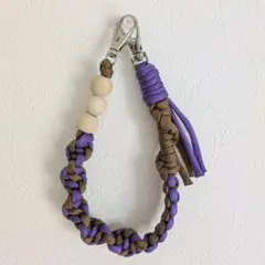 パラコード ハンドストラップ ブラウン パープル ウッドビーズ