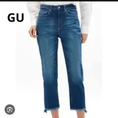 GU ダークブルー カットオフ フリンジ裾 ダメージ加工 ストレッチ