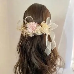 和玉とロングリボンのドライフラワー髪飾り　金箔　水引付　卒業式　袴　ピンク