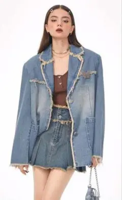 zizifeiデニムジャケット フリンジ加工 蝶刺繍