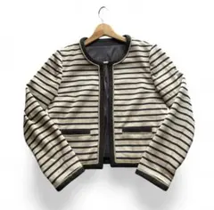 【美品】レリアン　ノーカラージャケット　ボーダー柄 ベージュ×茶 11号/ L
