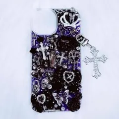 iPhone15ケース デコ電 デコケース 黒 紫 地雷系 ゴスロリ パンク
