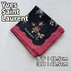 イヴサンローラン ハンカチ 花柄 黒赤 綿 バラ スカラップ 刺繍【イ768】のサムネイル