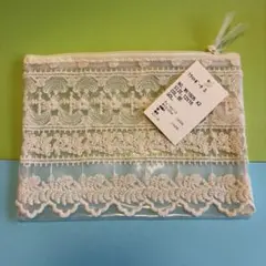 ポーチ　刺繍デザインポーチ ホワイト 約19cm x 14cm