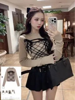 チェック柄フロントオープンリボンニットトップス[ru1374]