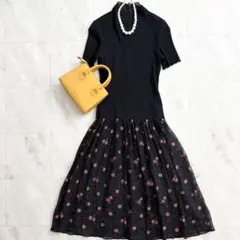 美品HIROKO BIS ヒロコビス シアー花柄切替ワンピース半袖プリーツ黒のサムネイル