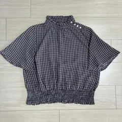 レイカズン柔らかい生地半袖ブラウスチェック赤×青×白スタンドネック