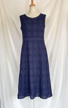 LAURA ASHLEY ネイビー レース模様 ノースリーブ サマーワンピース