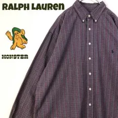 694 90s ラルフローレン　刺繍　ロゴ　BD シャツ　チェック　ゆるだぼ　紺