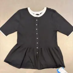 【調温】　ペプラム　ハーフスリーブ　ニット　テチチ　ブラック　フレア　きれいめのサムネイル