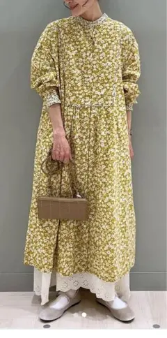 1回着用　花柄シングルガーゼパイピング切り替えワンピース　イエロー