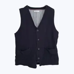 ネイビー Vネック 前開き ボタンベスト カジュアル 裏地ストライプ ポケット付