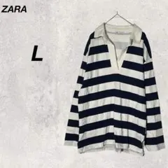 ザラ　シャツ　Ｌ　紺　白　ストライプ　ポロシャツ　Vネック　綿100％