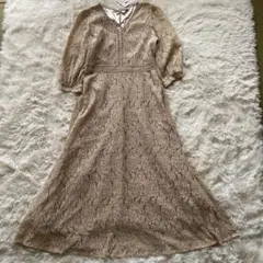 新品　&.ノスタルジア　レースVネックワンピース　七分袖　ベージュ ロング　M