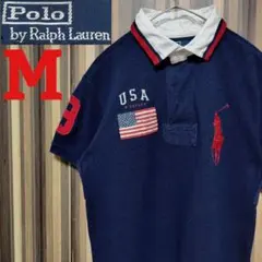 【RALPH LAUREN】刺繍ロゴ ビッグポニー 星条旗 ポロシャツ M 紺