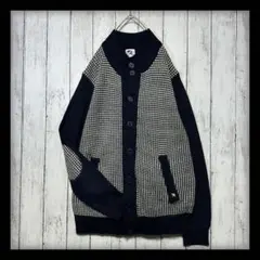 【千鳥格子柄☆ニットカーディガン】エルボーパッチ☆刺繍ロゴ☆モックネック　L 紺