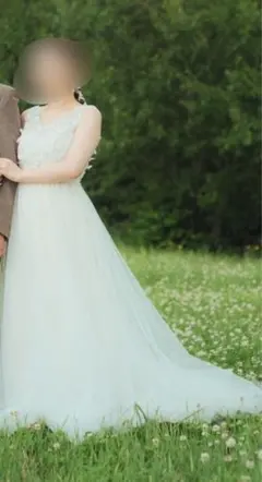 オフホワイト フラワー刺繍 ロングウェディングドレス　9号