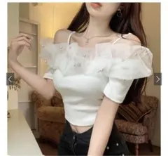 ビジューオーガンジーフリルオフショルダーリブトップス　ks077 GRL