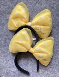 ディズニー　カチューシャ　ミニー　デカリボン　ドット水玉　黄色　イエロー　ビッグ