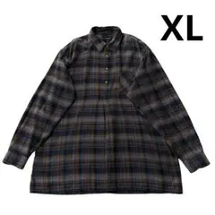 80s 90s プルオーバー グランパシャツ XL 茶 紺 チェック ユーロ