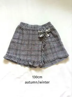 ショートパンツ　秋冬　女の子　130cm チェック柄　リボンモチーフ　レース