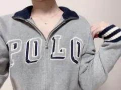 レアなビッグロゴ♡ラルフローレン　ロゴ刺繍フルジップニットセーター　グレー