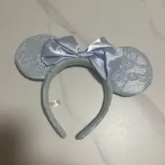 ミニー　カチューシャ 水色 リボン付き　レース