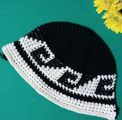 コットン　3　波柄　クラッシャーハット　クロシェハット　バケットハット