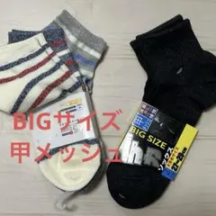 ビッグサイズ ストライプソックス 4足　甲メッシュ　黒　白　グレー　ブルー
