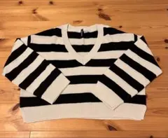 H&M Vネック クロップドセーター L 黒と白のストライプ
