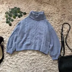 6554✾イング✾タートルネックニット【M】水色/モール/ケーブル編み/ゆったり