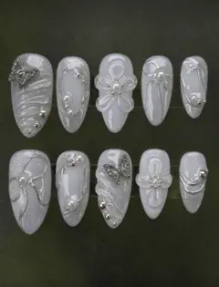 【ネイルチップ】バタフライ　蝶々　リボン　ホワイト　ネイル