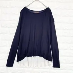 美品 リフレクト ニット レイヤード 異素材切替 裾タック 紺 P0771