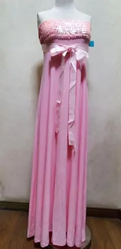 総ストレッチ　ピンク　スパンコール　ベアトップ　ロングドレス
