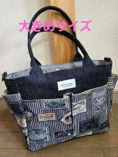 岡山デニム◆英字柄帆布◆ポケット沢山トートバッグ◆2way◆ハンドメイド◆