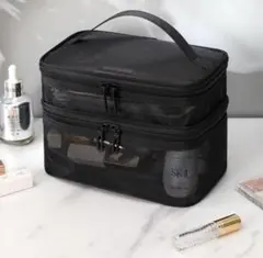 ポーチ ２段メッシュ メイクポーチ コスメポーチ 大容量 化粧ポーチブラック