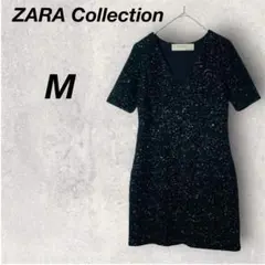 ザラ　ワンピース　M　黒　Vネック　ウール混　ミニ　重ね着　秋冬