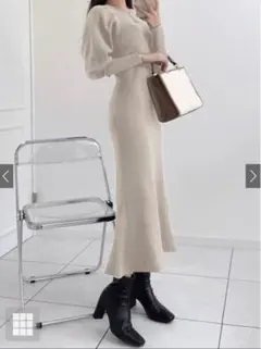 GRL ボリュームスリーブリブニット フレア ワンピース M [rut876]