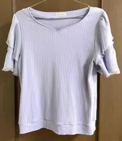 薄紫 刺繍入りフリル袖 Tシャツ　フリーサイズ