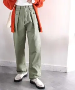 クラシカルエルフ【XL】ハイウエストデニム＆チノ タックワイドパンツ カーキ