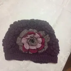 刺繍ニットベレー帽パープル