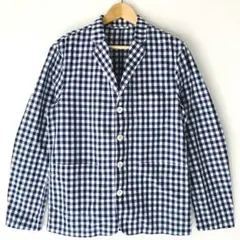 美品 ニューヨーカーブルー 綿麻 ギンガムチェック シャツジャケット ネイビーMのサムネイル