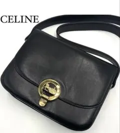 CELINE ショルダーバッグ サークルロゴ金具 ネイビレザー ゴールド金具